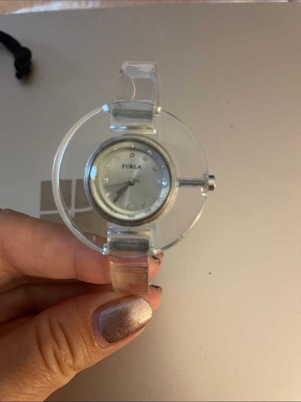 Furla Clear Acrylic Watch with Silver Dial and Crystal Markers